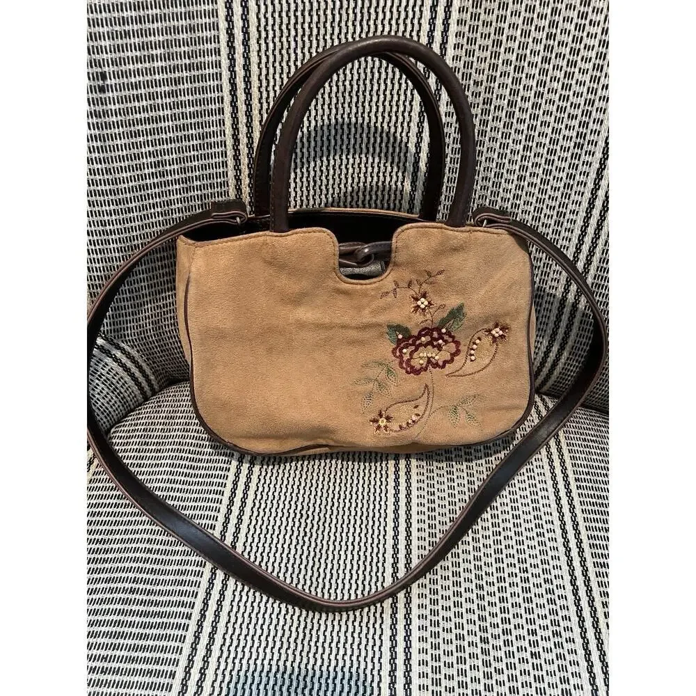 Liz Claiborne Shoulder Bag Medium Brown‎ Crossbody Boho Flower Embroidered VTG